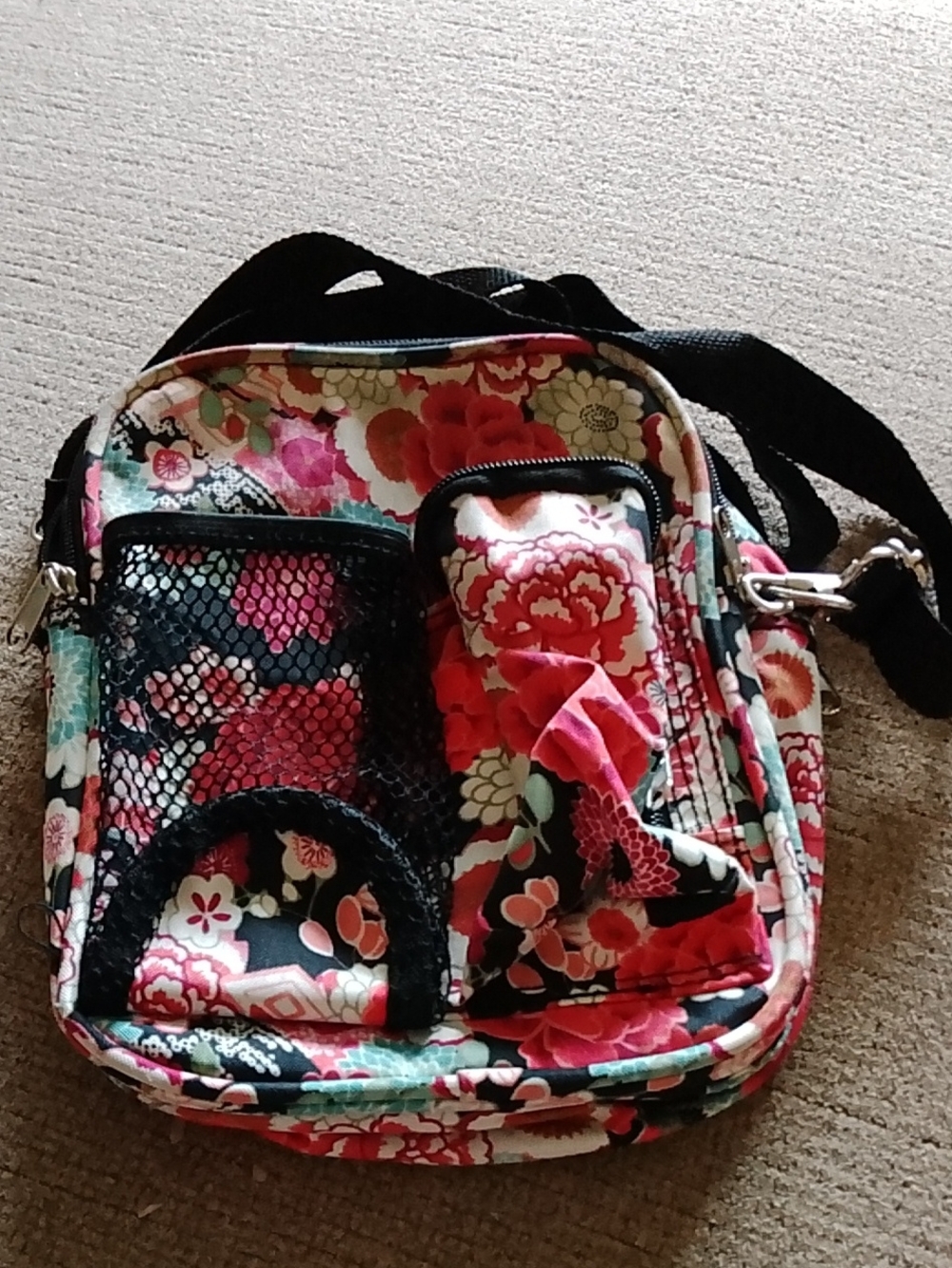 Floral Crossbody Organizer Bag in Pink and Black